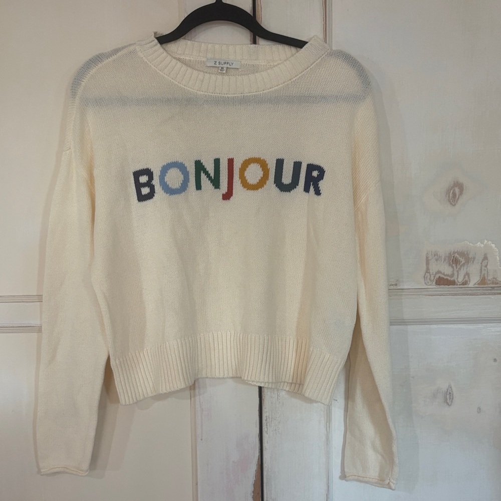 Z Supply Cream Sweater with Multicolor 'BONJOUR' Text